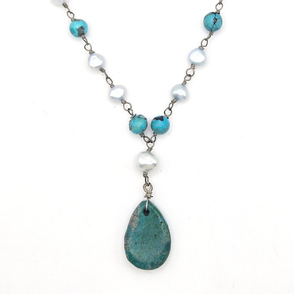 Turquoise and Freshwater Pearl Teardrop Pendant Necklace Silver Tone Adjustable